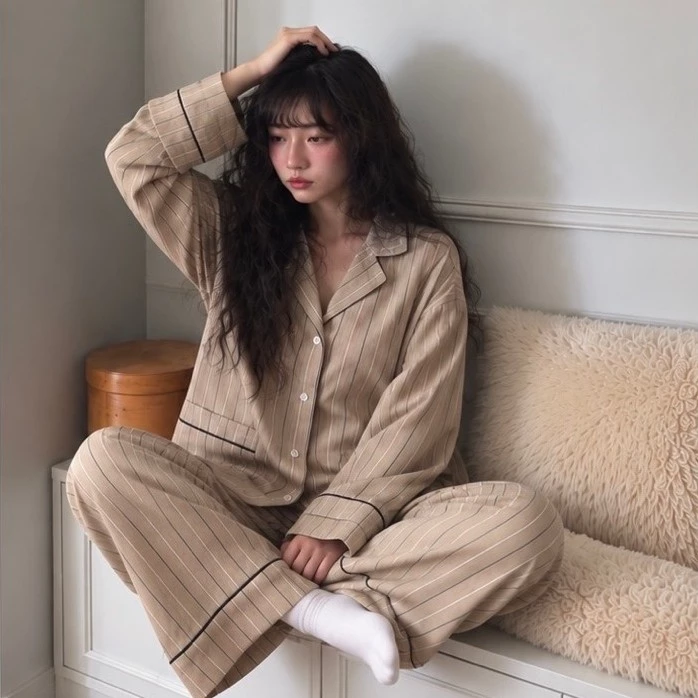 [ Fit to sleep ] Bộ đồ ngủ Nera màu sắc kẻ sọc be kem, nhẹ nhàng, dễ mặc - chất liệu Cotton