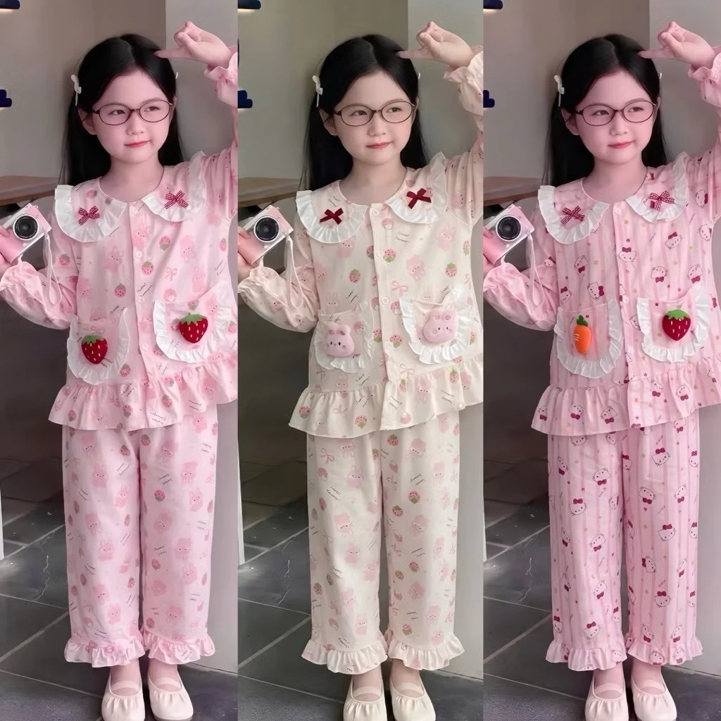 (XưởngMayHK) Bộ Pijama dài tay thu đông cho bé gái mặc ở nhà , Bộ đũi thu đông bé đáng yêu