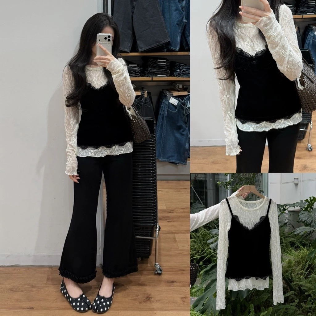 [Steezy] Set áo ren mỏng vân hoa kèm áo 2 dây nhung phối ren form vừa, set áo kiểu dài tay thu đông cho nữ SE7733