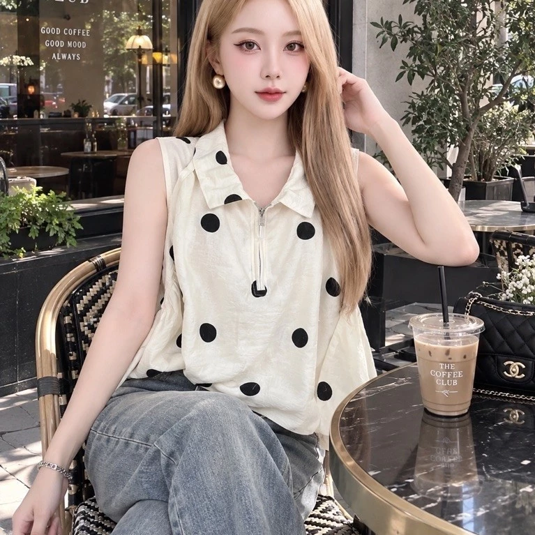 ✨ Áo Sơ Mi Sát Nách Cổ Bẻ Kéo Khóa Họa Tiết Chấm Bi - Phong Cách Vintage Sang Chảnh ✨