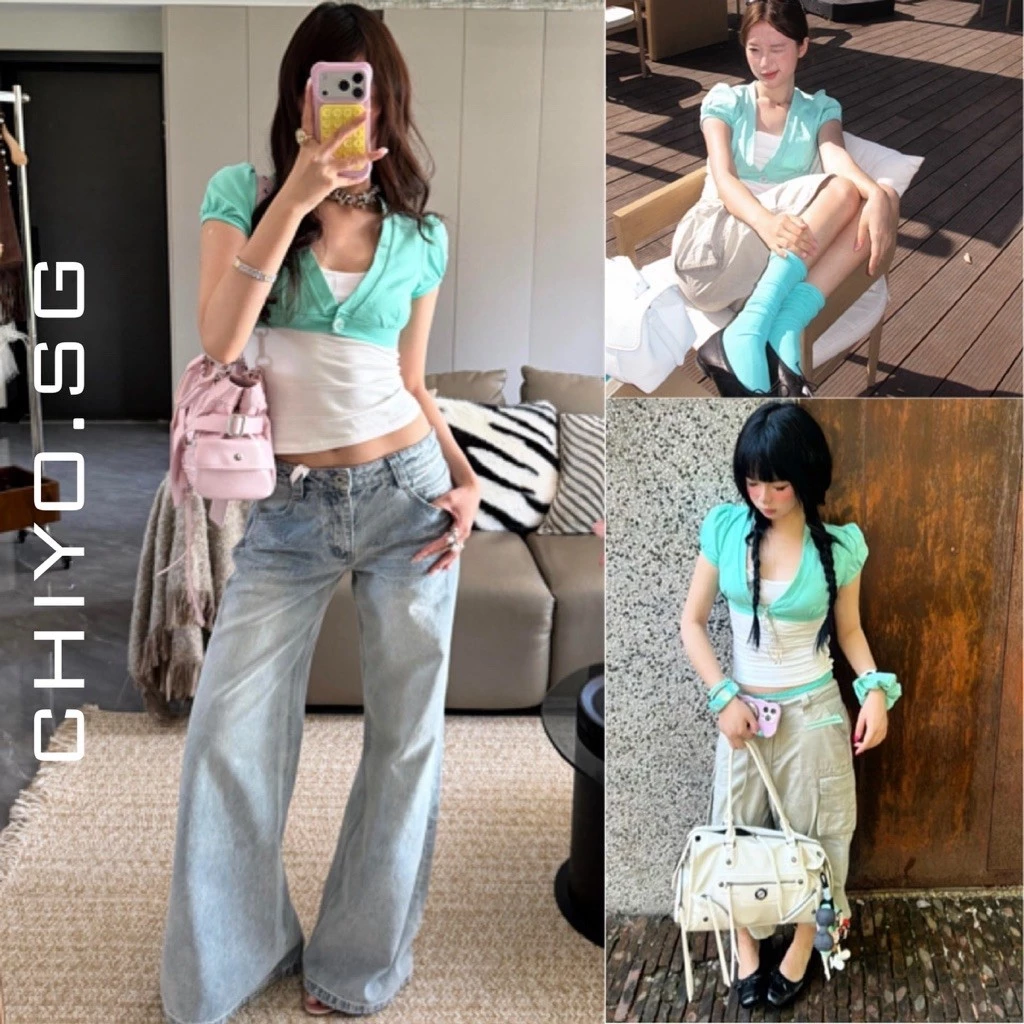 Set áo kiểu 2 món kèm khoác tay bồng xanh tiffany CHIYO.SG nữ tính A414