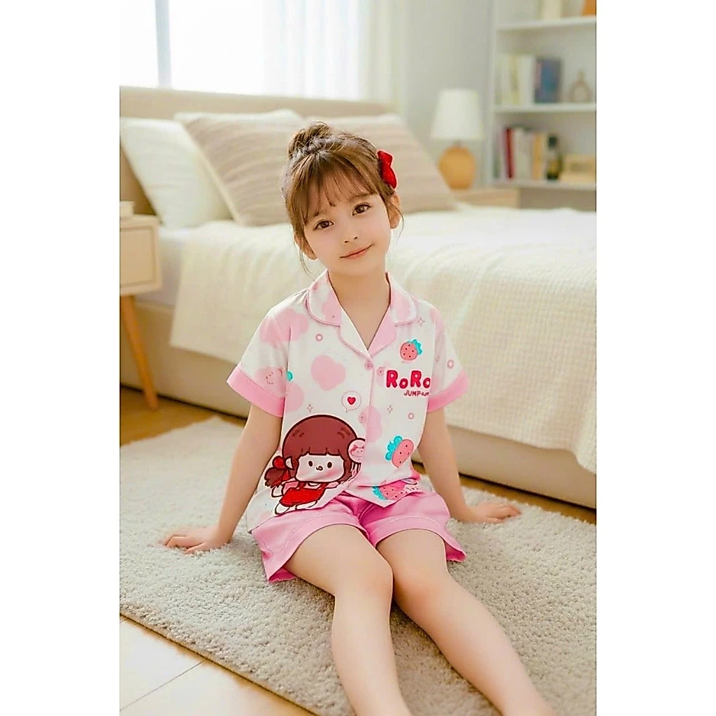Bộ đồ pijama cộc tay bé gái, bộ ngủ cho bé chất Latin, họa tiết cô bé Roro đủ size từ 10kg-55kg thoải mái, thoáng mát