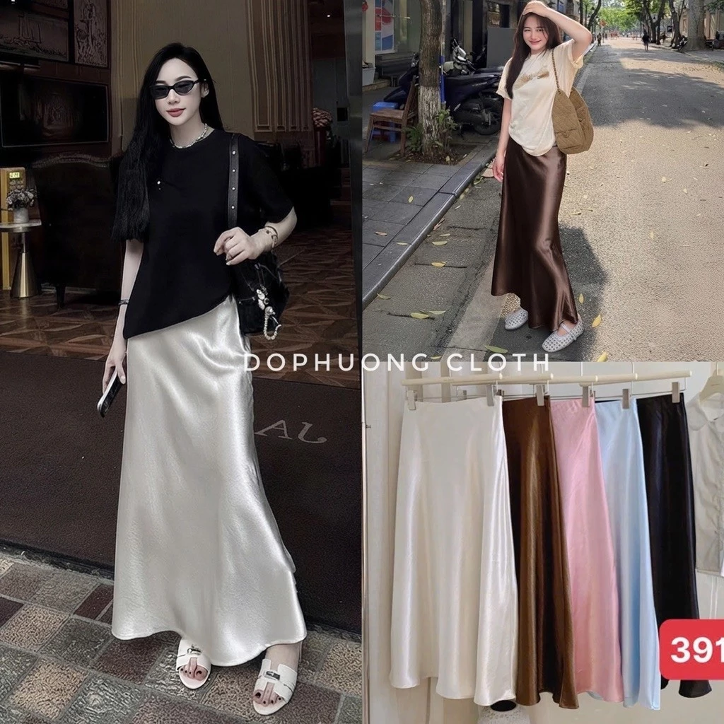 (Hàng loại đẹp sẵn SML) Chân Váy Lụa Dài Vân Trơn Bóng Dáng A Đuôi Cá Nhẹ Cạp Chun Có Khóa Sịn Sò