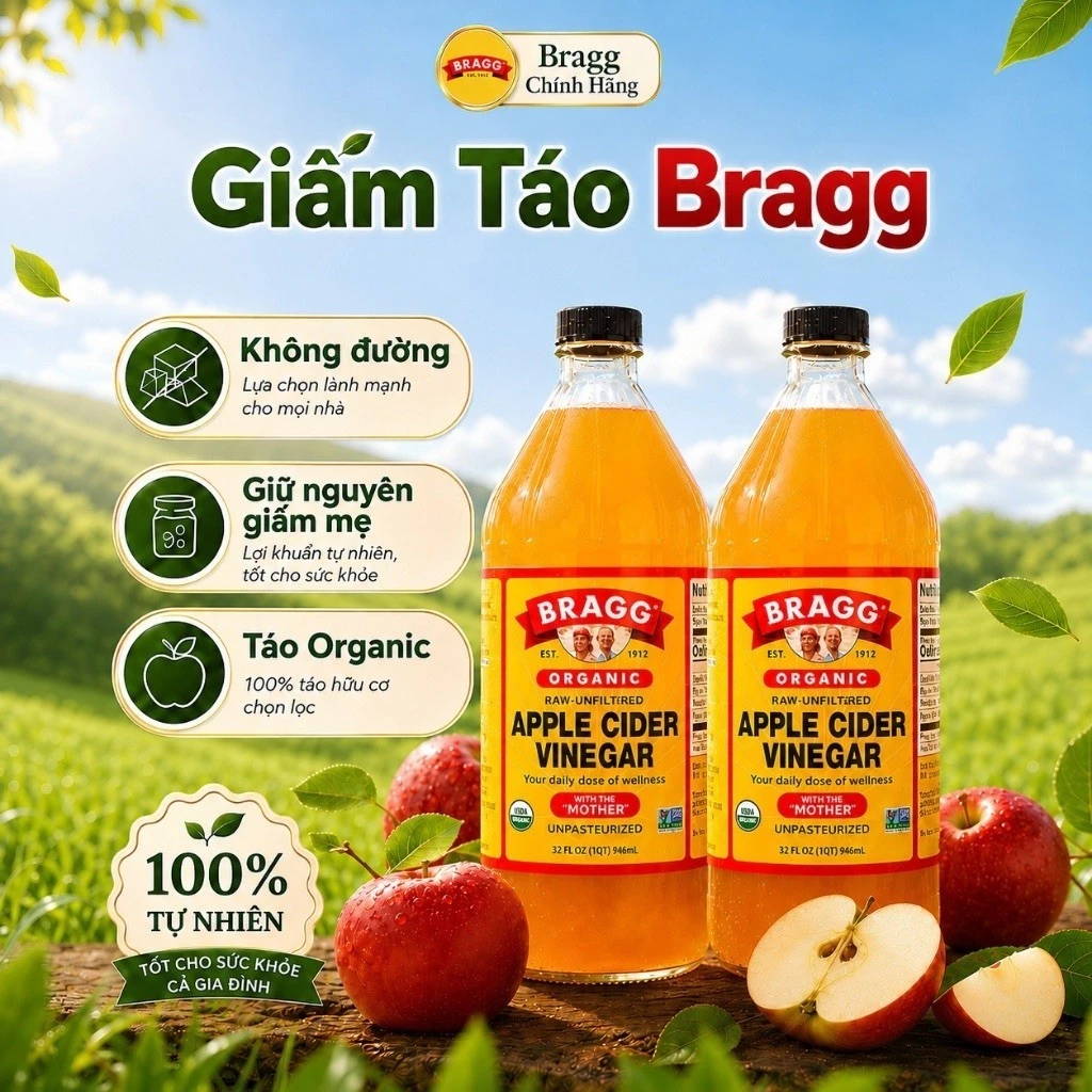 Giấm Táo Hữu Cơ Bragg 473ml/946ml - Giấm Táo Organic Chưa Lọc, Chứa Con Giấm Mẹ