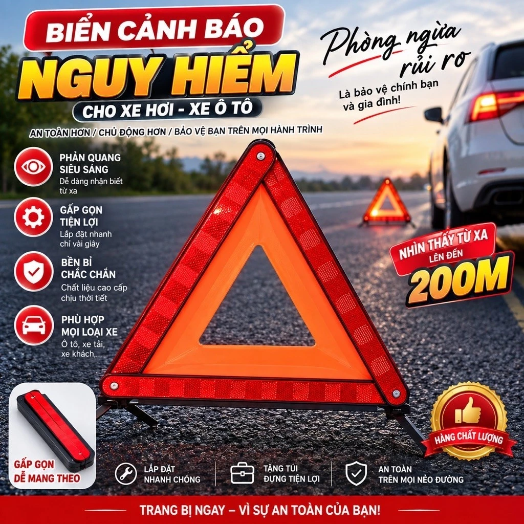 [Kèm Hộp - Gấp Gọn] Biển Tam Giác Cảnh Báo Ô Tô Phản Quang, Biển Báo Nguy Hiểm Khẩn Cấp Gấp Gọn Có Chân Đỡ