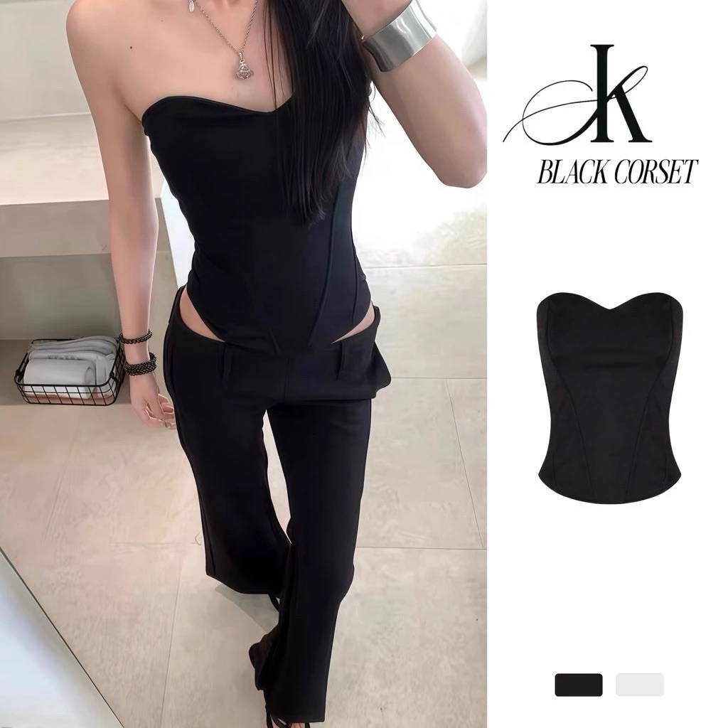 [BLACK CORSET] Áo Corset Cúp Ngực Vạt Bầu Thắt Eo, 2 lớp có mút khoá kéo sau lưng | KAYCI.STU