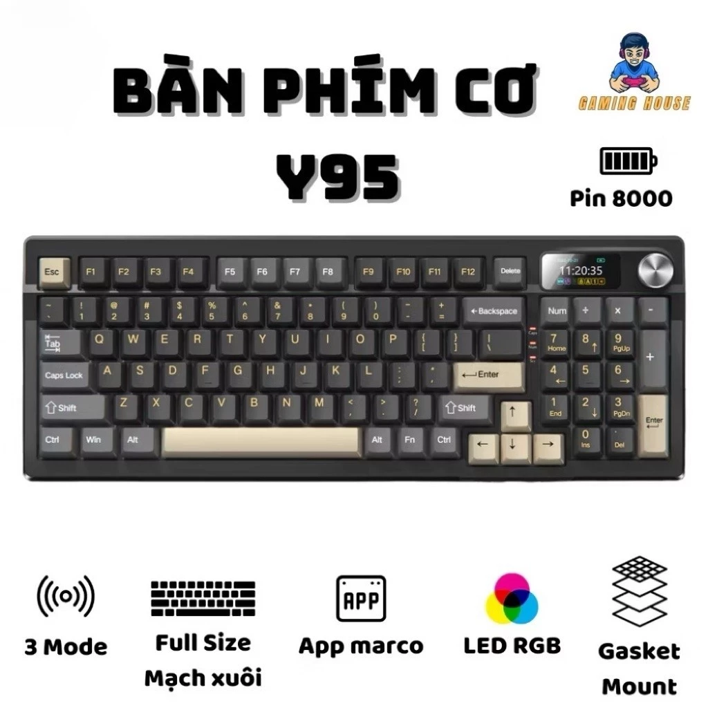 Bàn phím không dây Yindiao Y95 - 3 mode Full size - Mạch xuôi 5 pin- Màn hình hiển thị - Hỗ trợ driver - Pin 8000