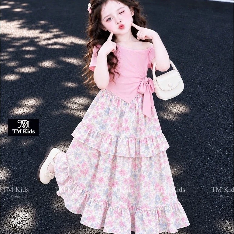 set áo lệch vai phối chân váy hoa maxi cho bé(12-38kg)