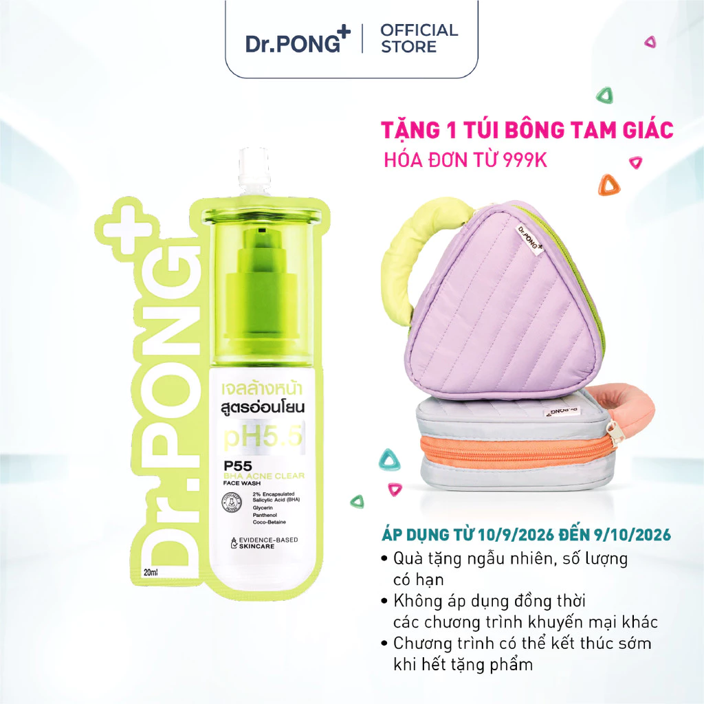 Gel rửa mặt hỗ trợ giảm mụn Dr.PONG p55 BHA Acne Clear Face Wash 20ml