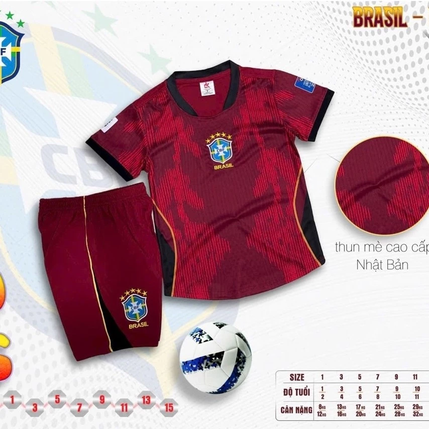 Bộ Quần Áo Đá Banh Brasill Đỏ Trẻ Em (Nhận In Tên Số) Thun Mè Cao Cấp Logo Thêu Kids Top Sport