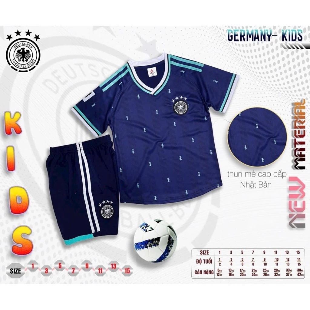 Bộ Quần Áo Đá Banh Đức Xanh Đen Trẻ Em (Nhận In Tên Số) Thun Mè Cao Cấp Logo Thêu Kids Top Sport