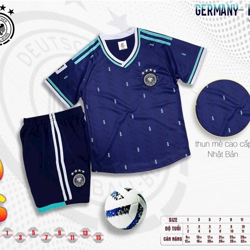 Đức Xanh Đen 2026 Trẻ Em (Có In Tên Số) Bộ Quần Áo Bóng Đá Thun Mè Cao Cấp Thoáng Mát Logo Thêu