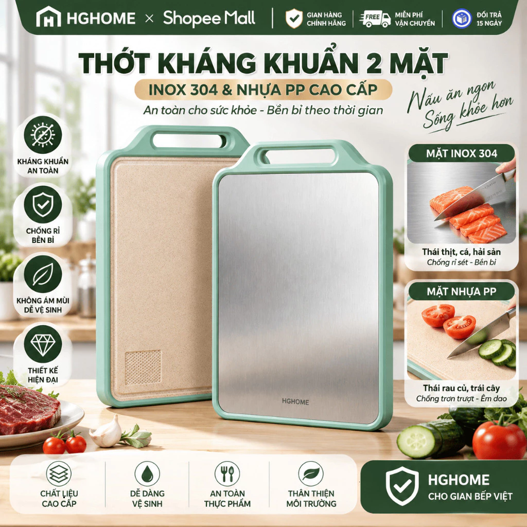 Thớt Kháng Khuẩn 2 Mặt Inox 304 & Nhựa PP Chống Rỉ, Không Ám Mùi, Dùng Thái Thực Phẩm An Toàn HGHOME