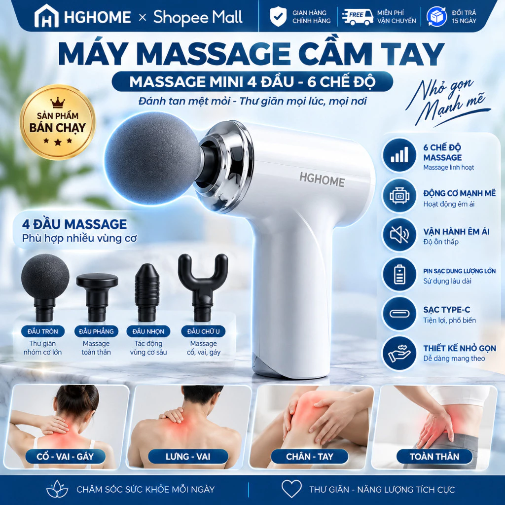 Máy Massage Cầm Tay HGHOME - Máy Massage Mini 4 Đấu 6 Chế Độ Giúp Đau Mỏi Cổ Vai Gáy Cao Cấp
