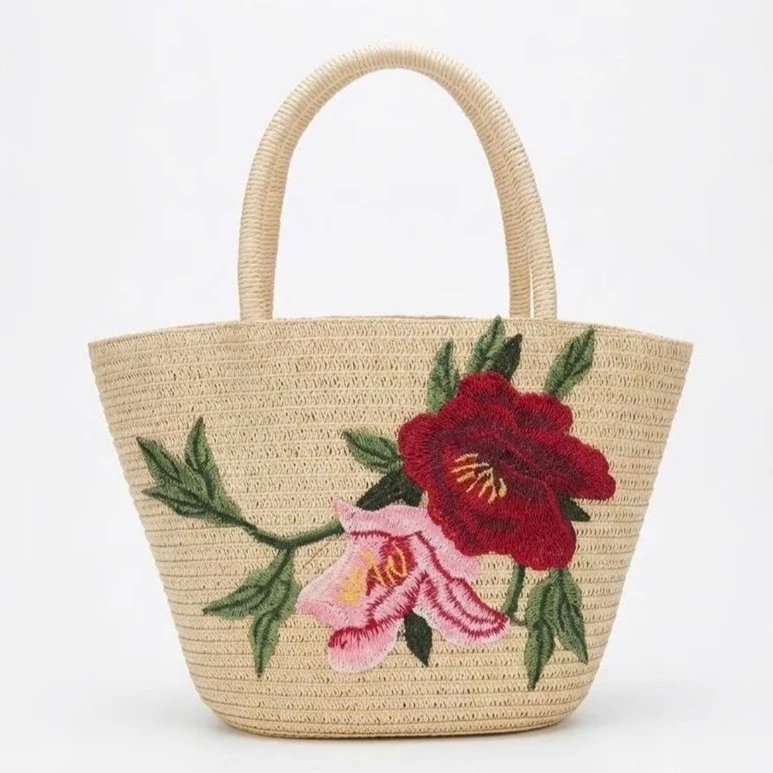 Túi cói sz 25cm thêu vân nổi xinh sắn, bỏ được điện thoại, ví, đồ trang điểm