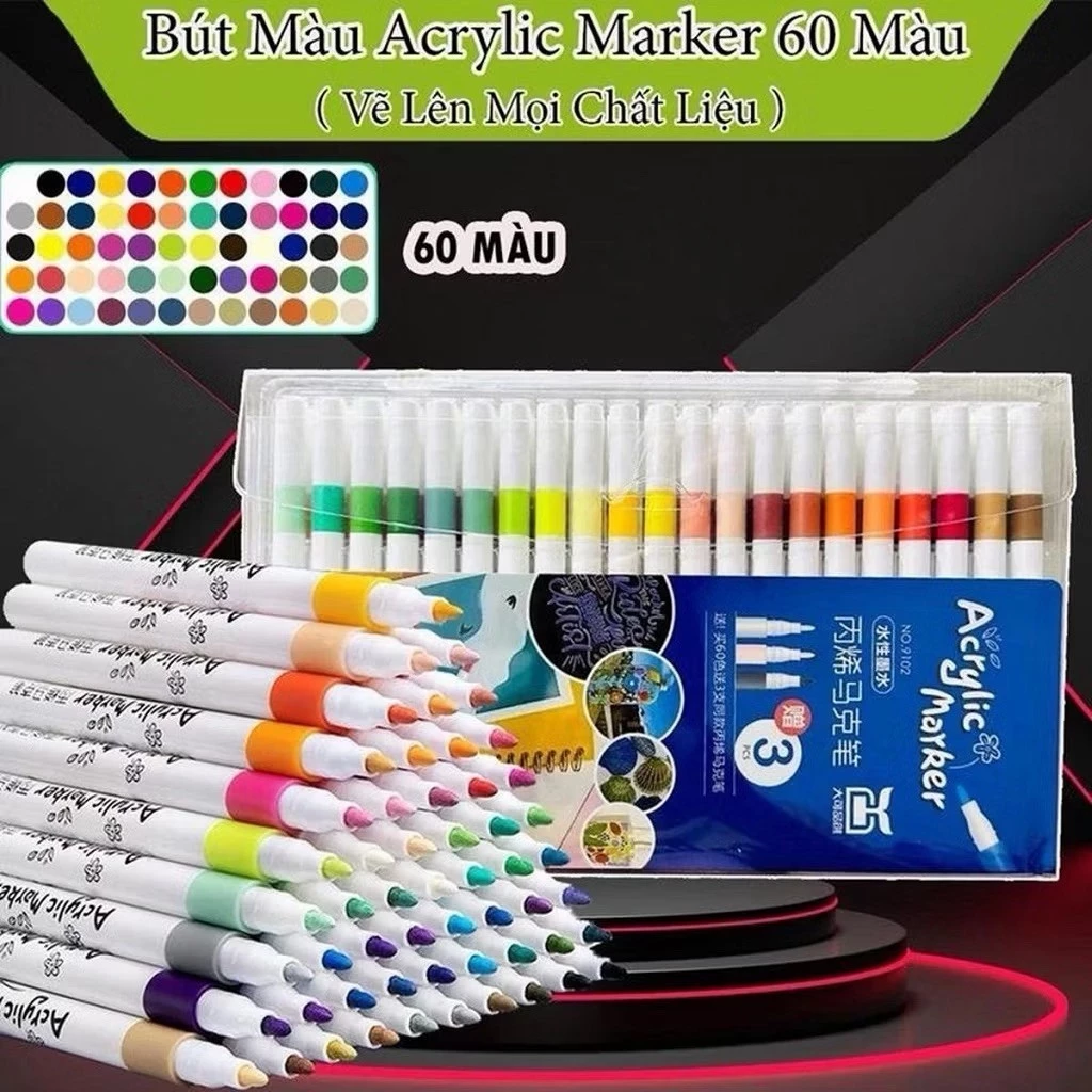 Bút màu acrylic marker 60 màu vẽ sơn chống nước bộ cọ vẽ trên mọi chất liệu bề mặt -.