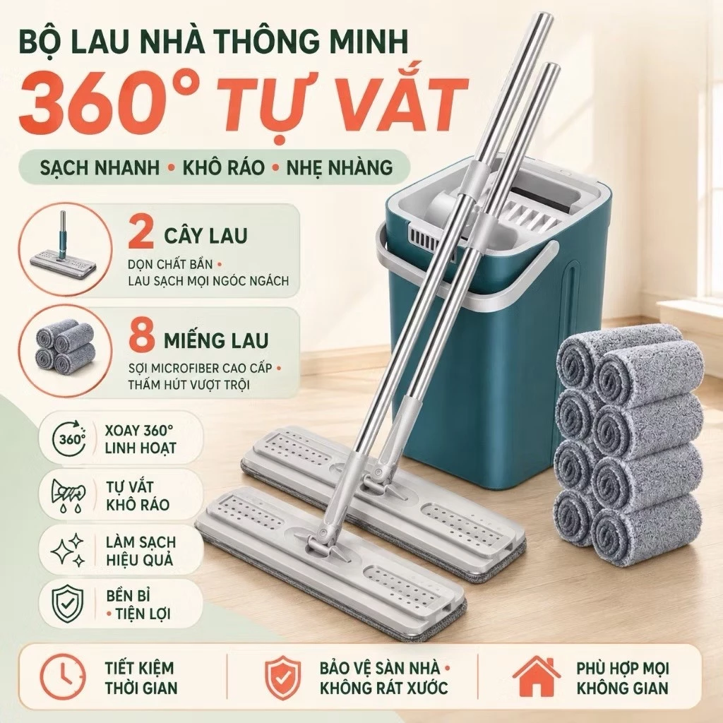 Bộ Lau Nhà (1 Thùng + 2 Cây Lau Và 8 Bông Lau) Lau Tự Vắt Thông Minh, Chổi Lau Nhà Phẳng Xoay 360 Độ