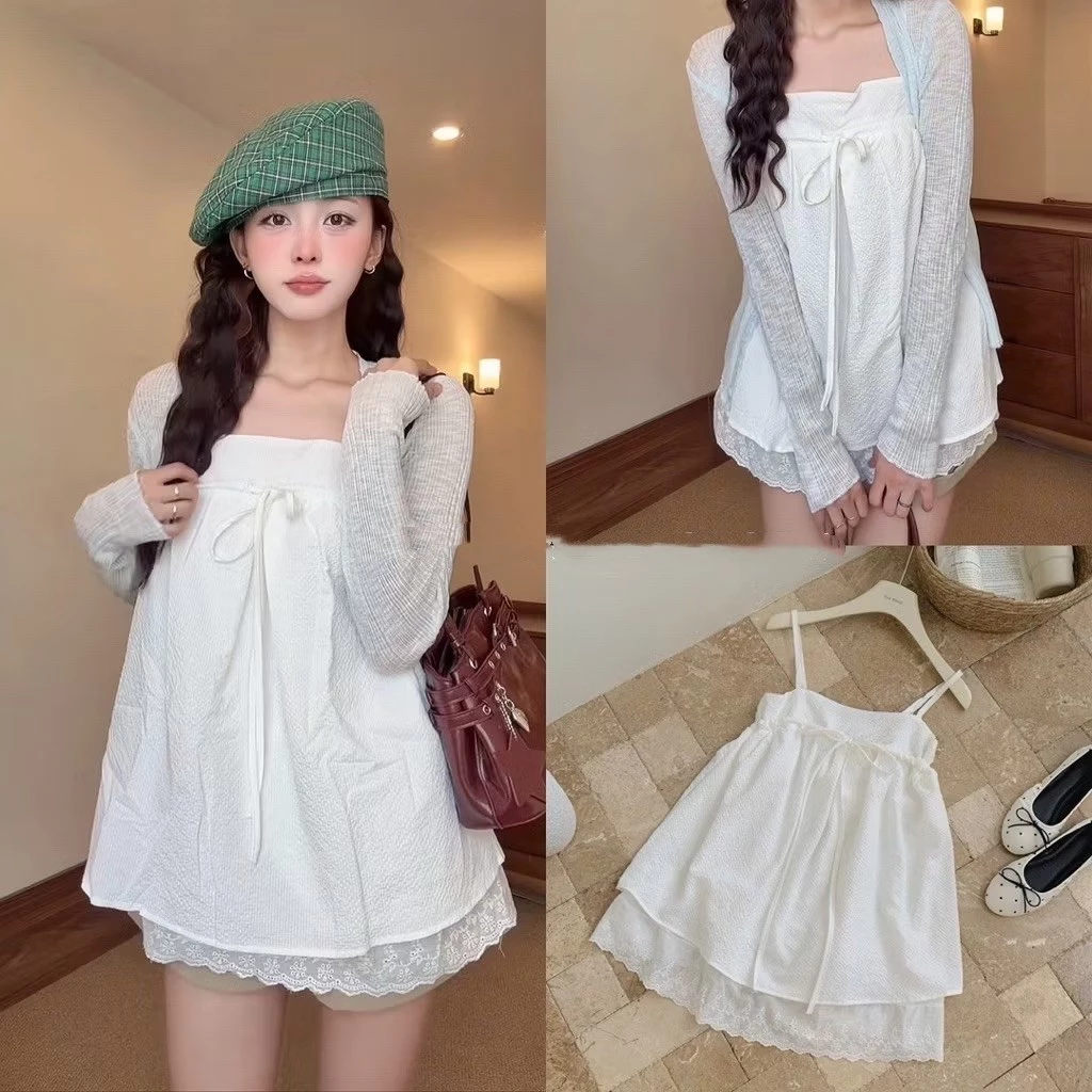 [HÀNG SẴN] Áo babydoll dấu quần 2 lớp layer viền ren thắt nơ ngực dễ thương XUKA TOP A3886