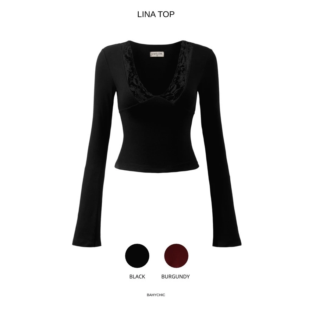 ( LINA TOP) Áo tay dài BAHYCHIC loe, kiểu dáng ren gợi cảm hai lớp dày dặn | BAHYCHIC