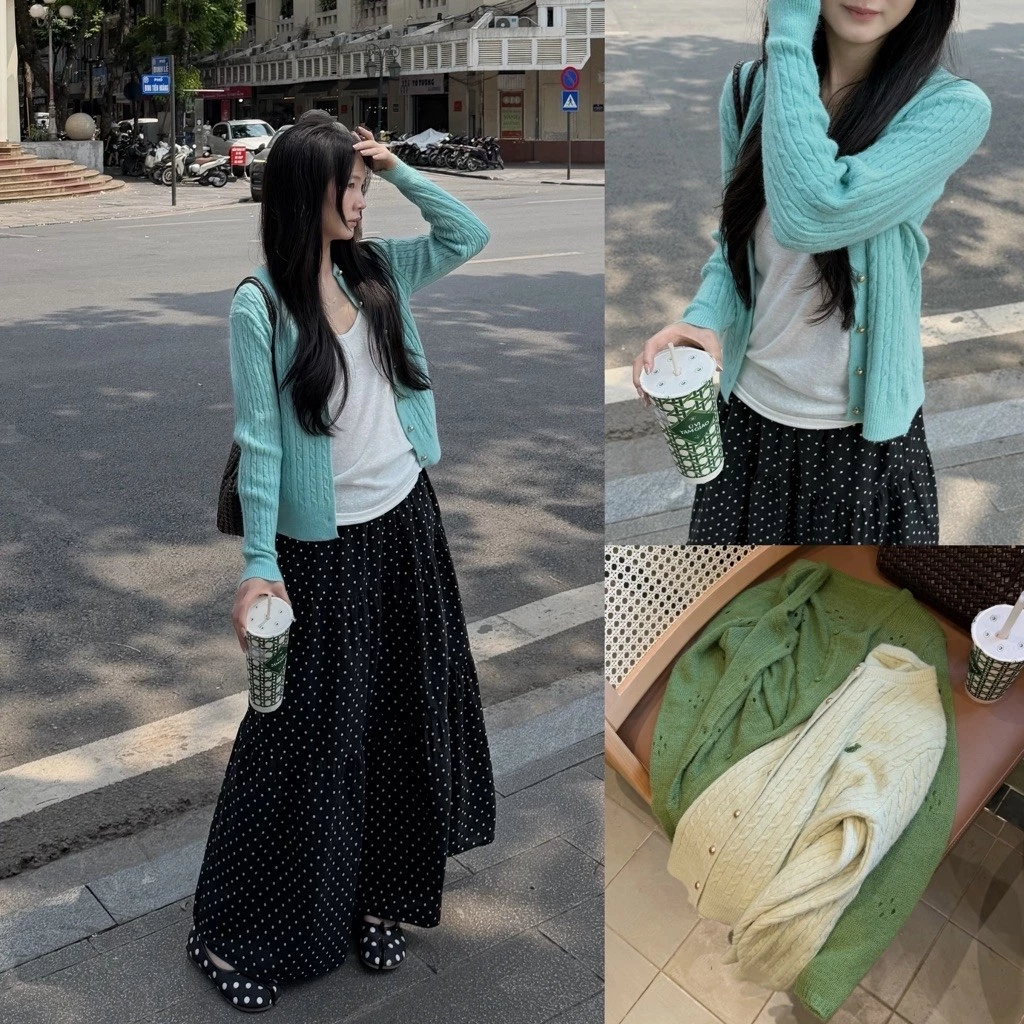 [Steezy] Áo khoác cardigan len vặn thừng thêu gấu cúc đồng tròn form rộng, áo khoác len dài tay thu đông cho nữ KC3538