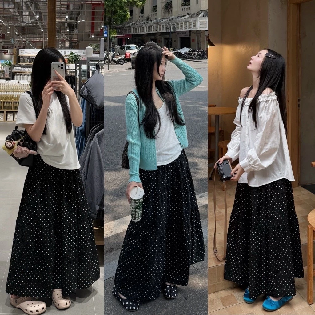[Steezy] Chân váy chấm bi dáng xòe dài cạp chun có lót form rộng, chân váy chấm bi đông xuân cho nữ CV5051