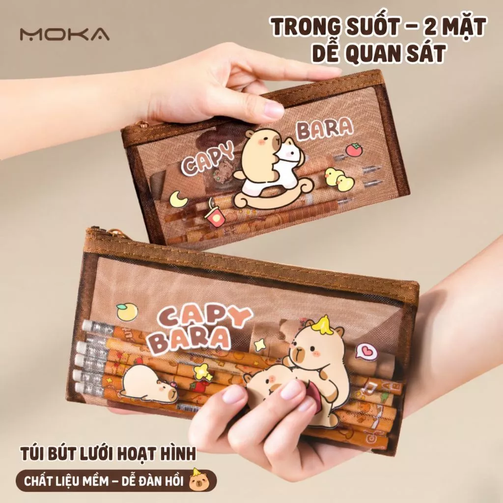 🧸 TÚI BÚT LƯỚI HOẠT HÌNH CAPY BARA – TRONG SUỐT 2 MẶT, DỄ QUAN SÁT