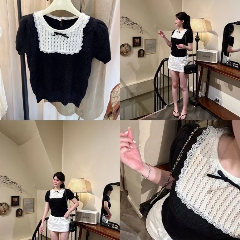 Áo Len Tay Cộc Phối Cổ Nơ Đen Hàng Quảng Châu Loại 1 (Có Sẵn) Áo Len F18 Form Xinh