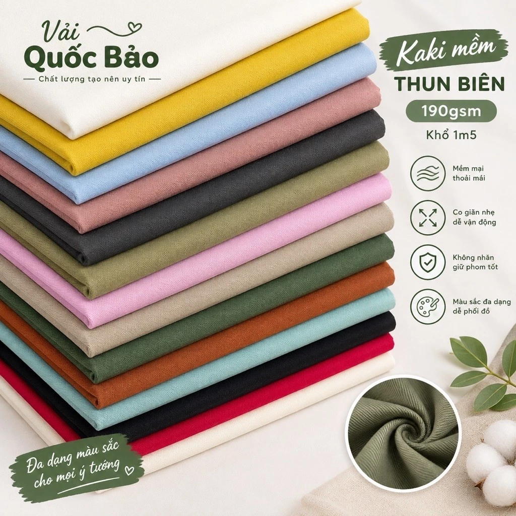 [Vải Quốc Bảo] Vải KAKI mềm có thun biên, khổ 1m5 , may áo , quần , đầm, đồ trẻ em rất phù hợp