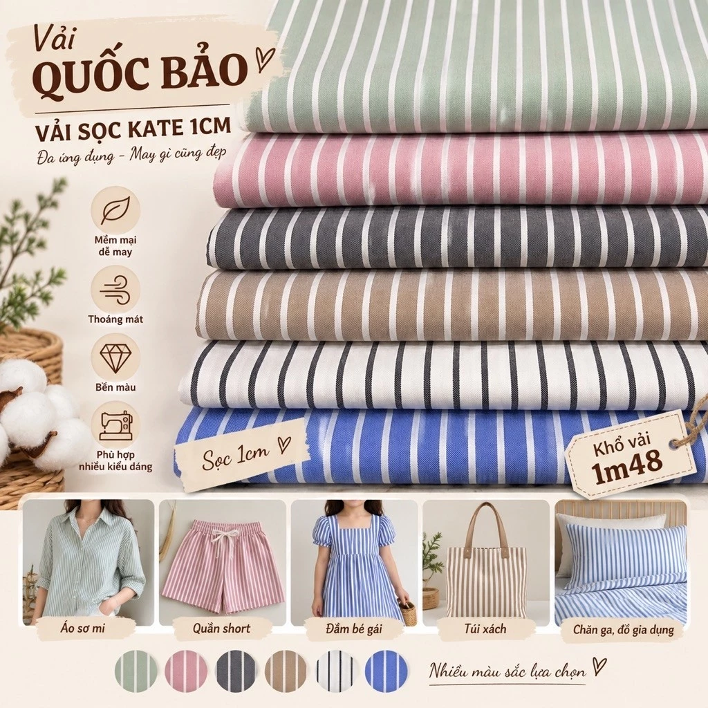 [Vải Quốc Bảo] Vải sọc kate 1cm co giãn nhẹ, may đồ đi chơi, áo, đồ ngủ, đồ trẻ em, handmade, gối, túi