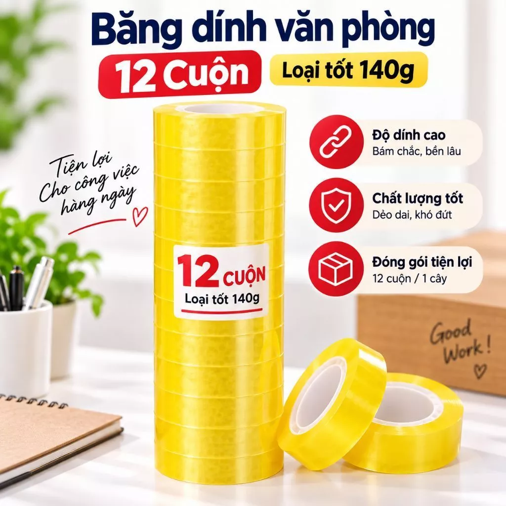 1 cây băng dính văn phòng 12 cuộn loại tốt 140g