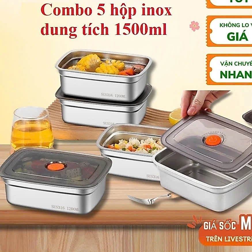 [Hàng Đẹp] COMBO 5 hộp Inox 1500ml LOẠI 1 Có Nắp Đậy Hút Chân Không, Khay Đựng Đồ Để Tủ Lạnh