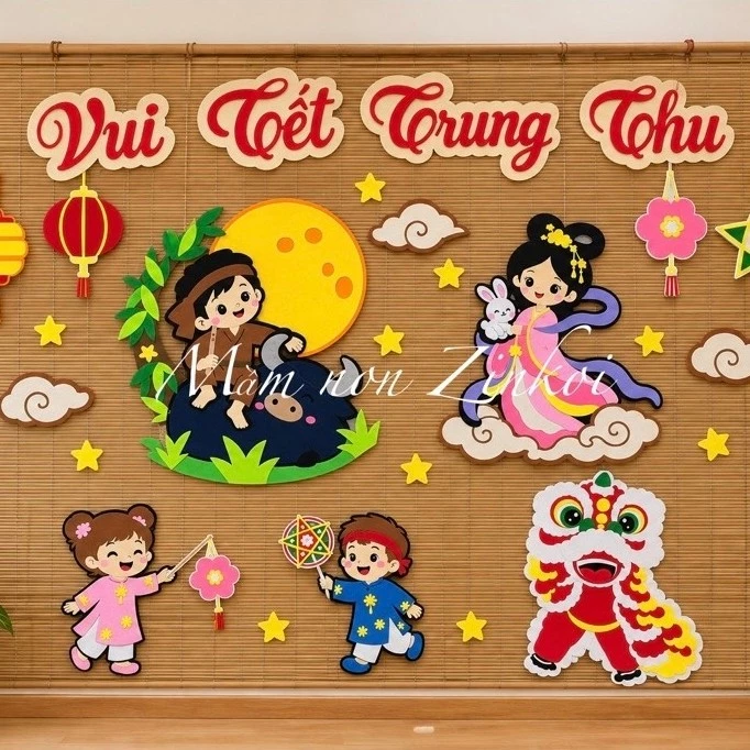 sét trang trí trung thu mầm non, trang trí trung thu tiểu học,  chất liệu vải nỉ bền đẹp, trang trí cửa kính, sảnh lớp…