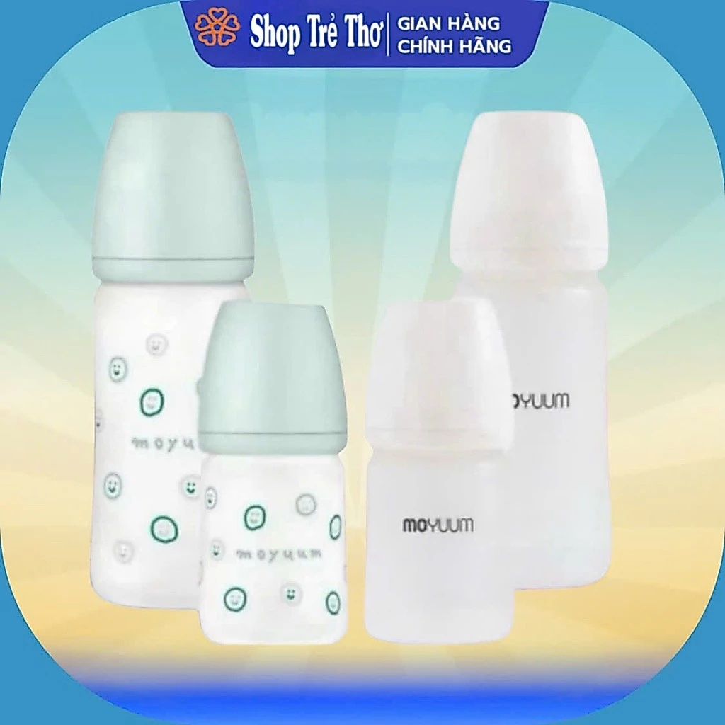 Bình sữa moyuum thủy tinh tráng silicon mẫu trơn và hoạ tiết hàng nhập khẩu chính hãng