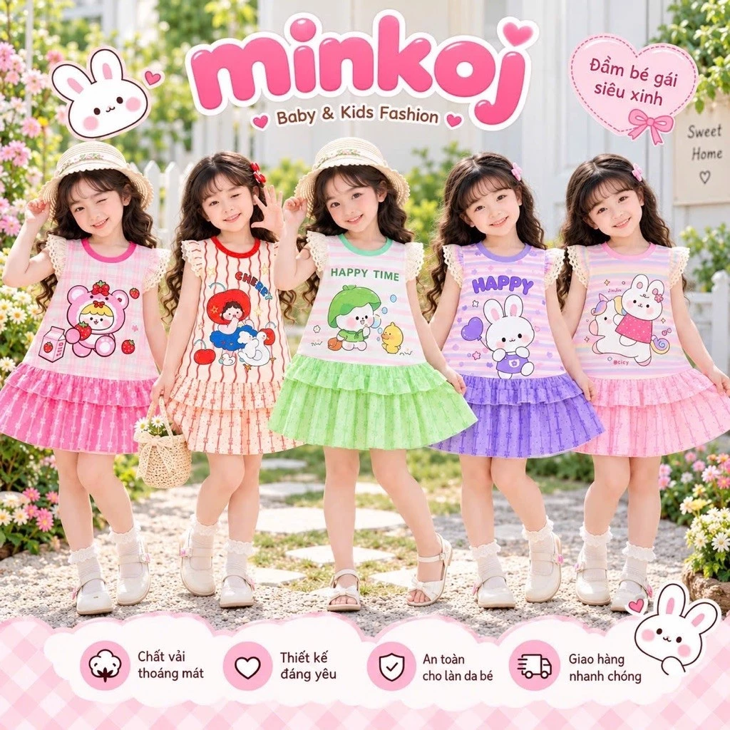 Combo 5Váy-4 vay-2 váy  nhún bèo bé từ 7-26kg phối ren tay chất thun 2D  co dãn mềm mịn thoáng mát, 183D