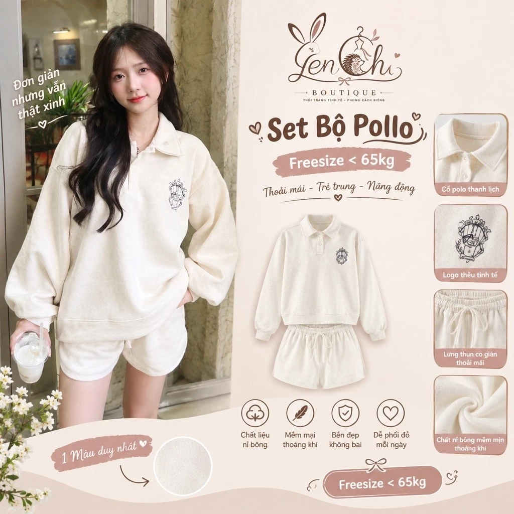 Set Raplan Thêu Hình Cổ Bẻ Dài Tay Bồng Màu Be Nữ . Bộ đồ thụng quần short áo form rộng Ulzzang