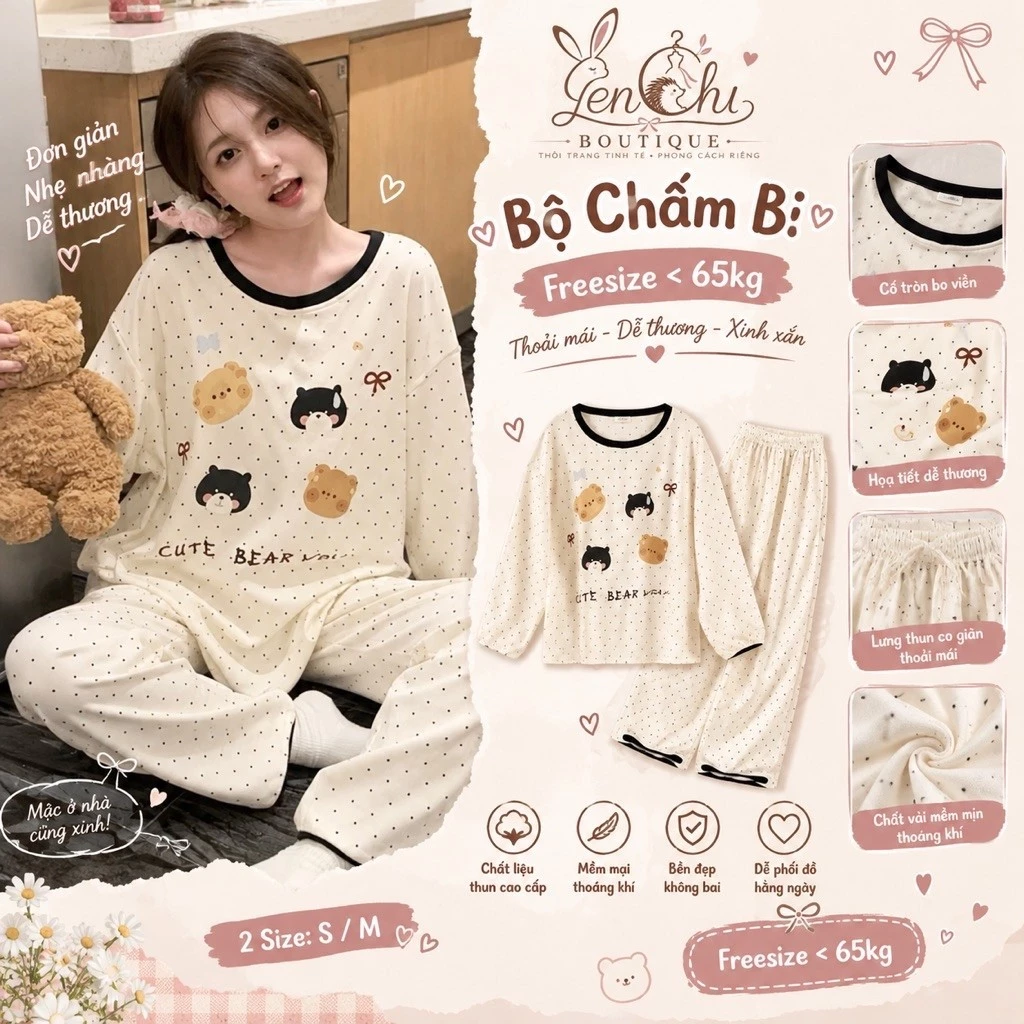 Set Bộ Nỉ Gấu Bear Wow Chấm Bi Nữ. Bộ Đồ Dài Tay Form Rộng Dễ Thương