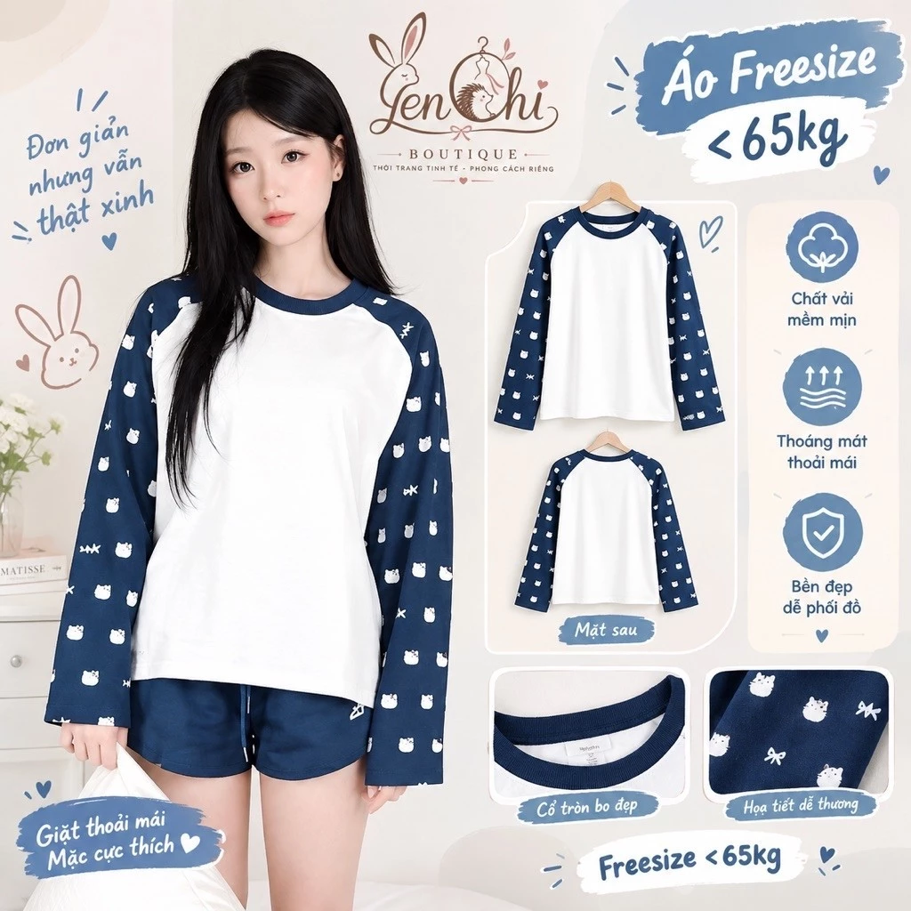Áo Nỉ Sweater Dài Tay Phối Tay Raglan Hoạ Tiết Mèo Dễ Thương Form Rộng Giấu Quần Phong Cách Hàn Quốc