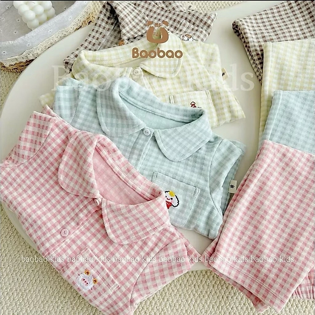 Pijama cho bé trai bé gái size 10-30kg hoạ tiết ca ro, đồ ngủ cho bé dài tay thu đông chất lông cừu dầy dặn