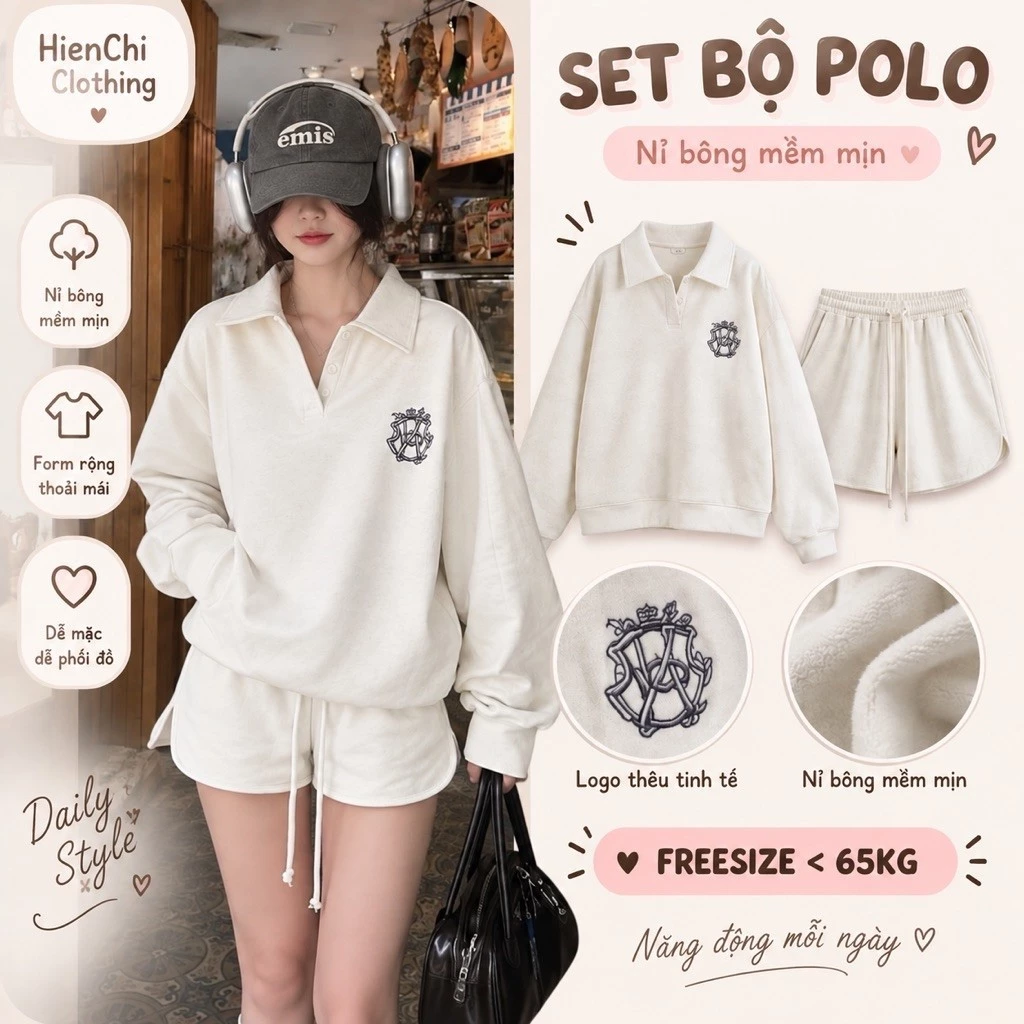 Set Bộ Raplan Thêu Hình Cổ Bẻ Dài Tay Bồng Màu Be Nữ.Bộ đồ thụng quần short áo form rộng Ulzzang