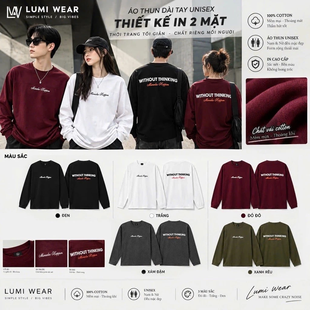 Áo Thun Unisex Tay Dài Nam Nữ Cotton Cổ Tròn In 2 Mặt Phong Cách Streetwear