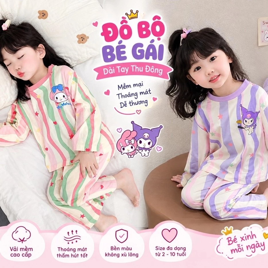 Đồ Bộ Bé Gái Dài Tay Thu Đông, Pijama Trẻ Em Họa Tiết Dễ Thương, Vải Mềm Thoáng Mát, Quần Áo Ngủ Bé Gái Xinh Xắn Cao Cấp
