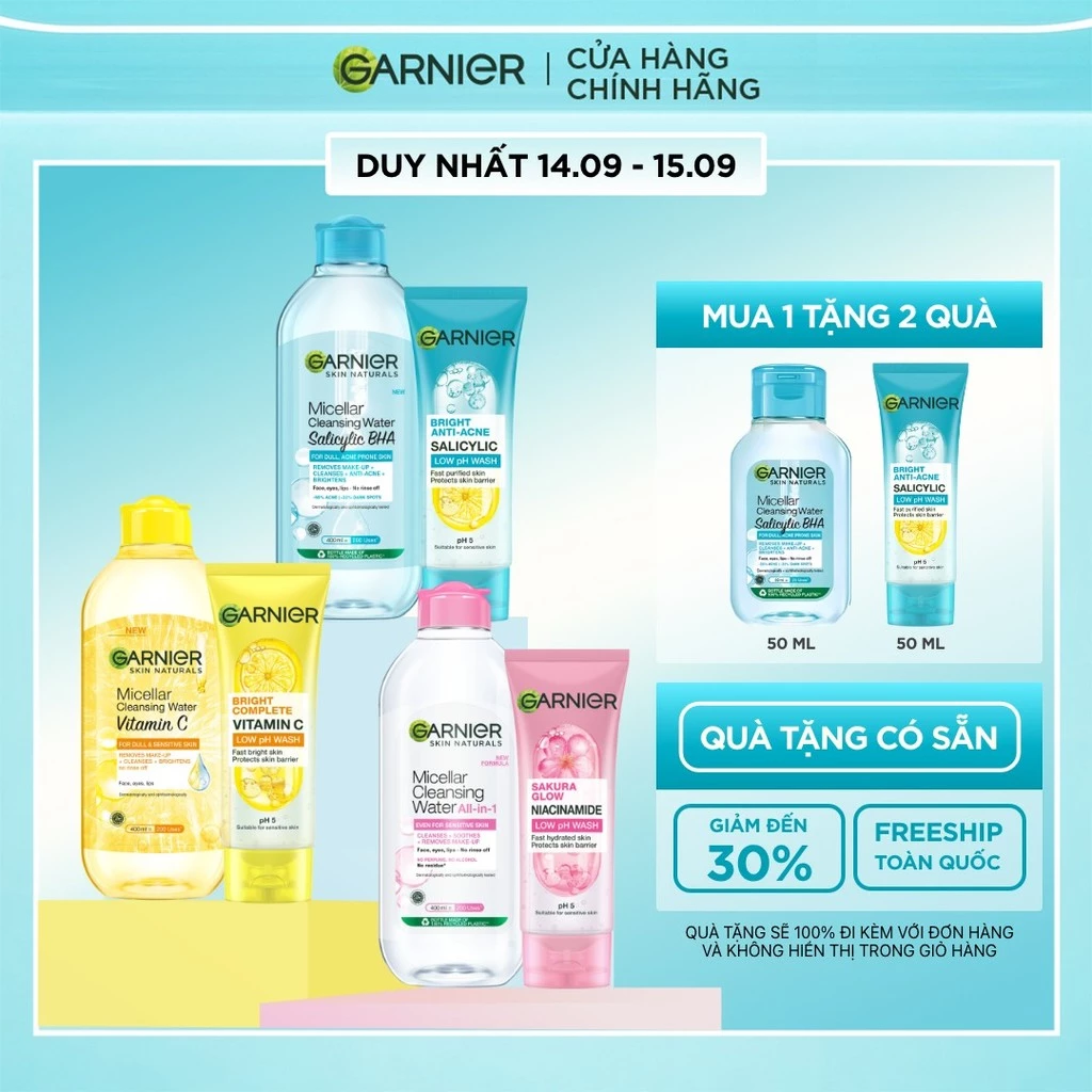 Bộ đôi Sữa rửa mặt & Nước tẩy trang sạch thoáng Garnier LowpH làm sạch sâu cho mọi loại da 400x100ml (Virtual)
