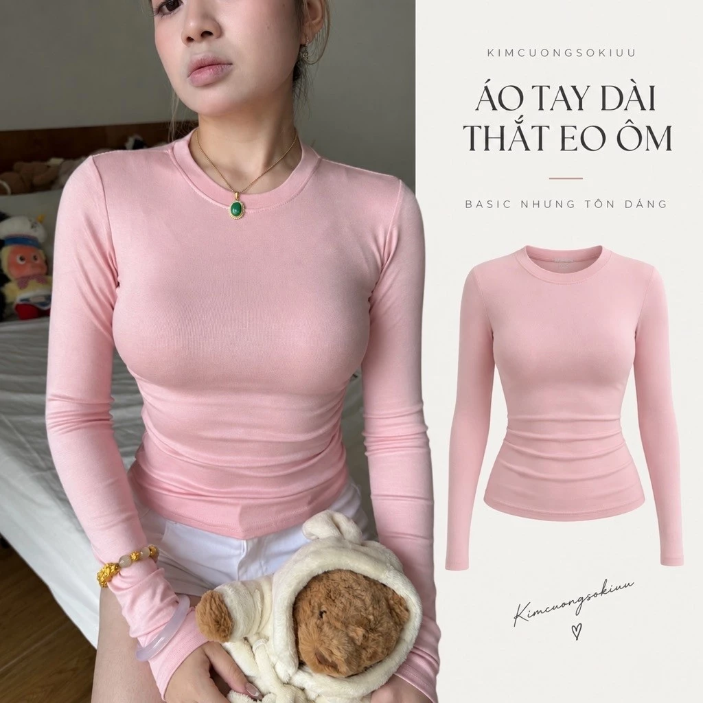 Áo Thắt Eo Dài Tay Ôm Kimcuongsokiuu Cotton Trơn Nữa S/M/L - Women, Top Cổ Tròn
