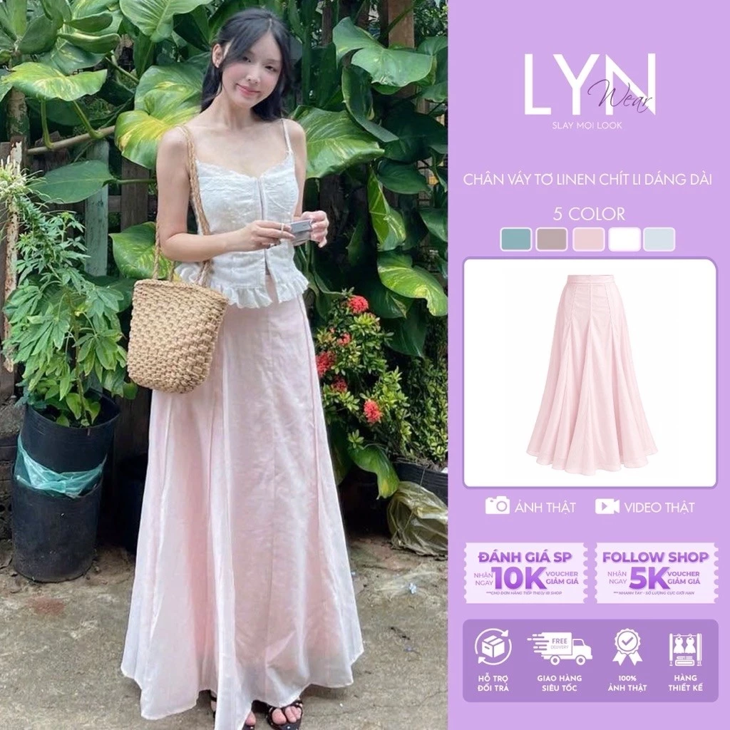 | LYN.WEAR | Chân Váy Tơ Linen Xòe Dáng Dài Nữ Cạp Trễ Phong Cách Nàng Thơ