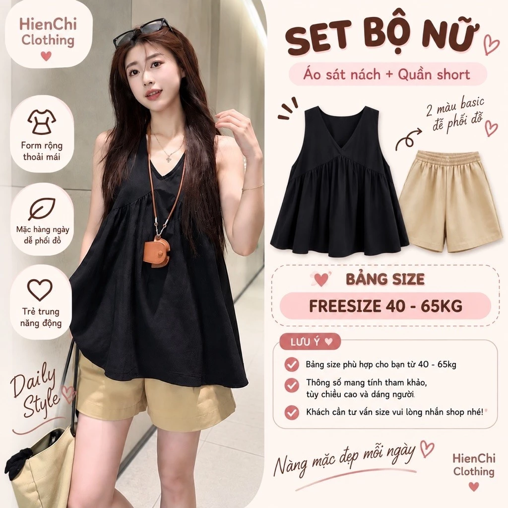 Bộ đồ nữ mùa hè Áo babydoll cổ V sát nách kèm quần short mặc đi chơi dạo phố hè