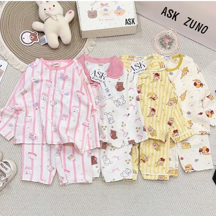 đồ ngủ cho bé trai bé gái Tukibaby sz 8-30kg cổ sen giữ nhiệt, pijama cho bé dài tay thu đông chất đũi xốp