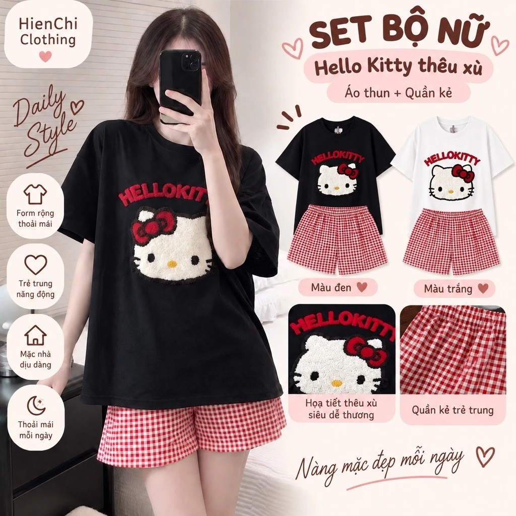 Set Bộ Đồ Ngủ Nữ Hello Kitty Áo Thun Thêu Xù Mix Quần Short Caro Đỏ Đồ Mặc Nhà Cute Phong Cách Hàn Quốc