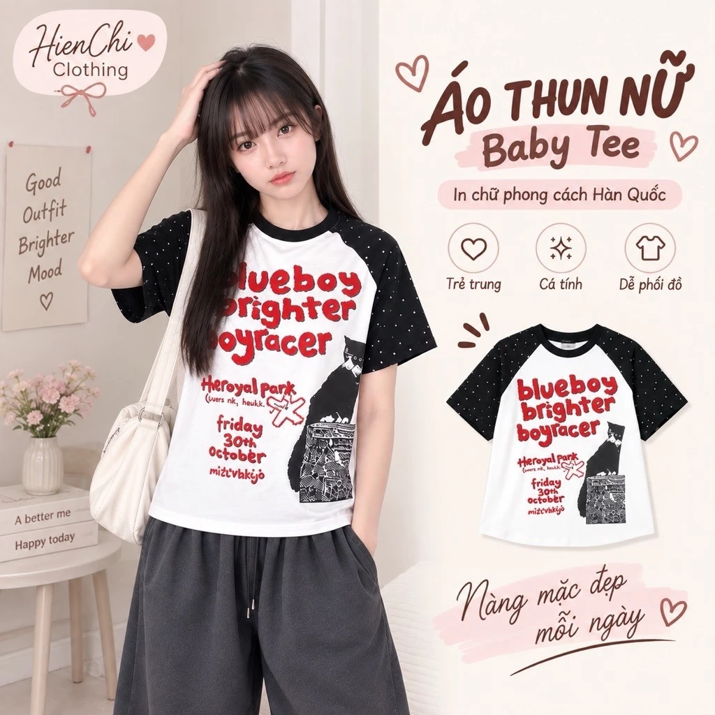 Áo Thun Baby Tee Nữ Raglan Bluebow Retro Style Hàn Quốc - Áo Phông Cộc Tay Phối Màu Co Giãn Ôm Dáng