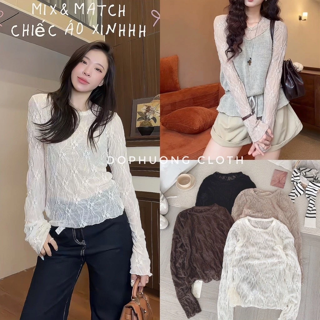 (Hàng L1 - video shop quay) Áo dài tay ren thêu hoa thời trang Hàn Quốc, Áo kiểu bên trong mùa thu đông đơn giản 6694