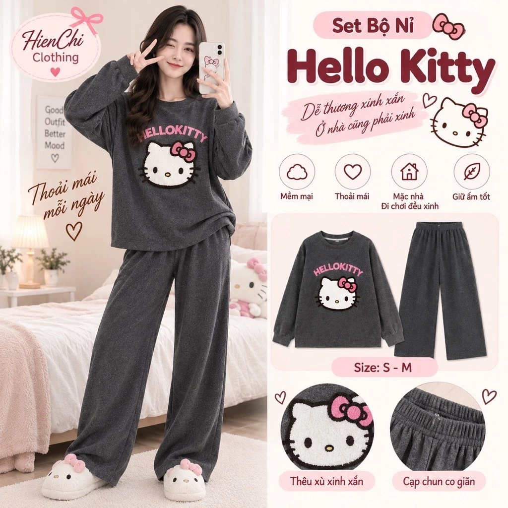 Set Bộ Nỉ Hello Kitty Thêu Xù Màu Xám. Bộ Đồ Nữ Dài Tay From Rộng Dễ Thương Phong Cách Hàn Quốc Ulzzang